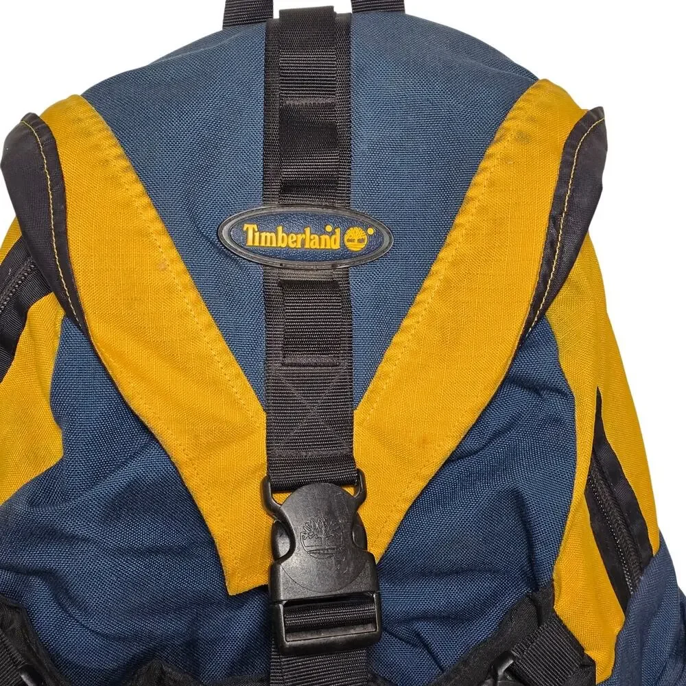 Timberland Vintage Backpack Blue & Yellow Colorblock Hiking Bag Day Pack